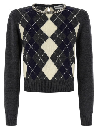 'Grey Argyle Crystal Trim' sweater