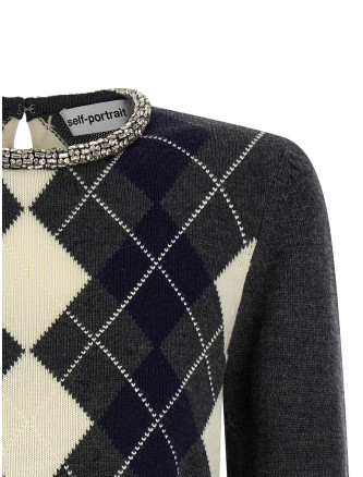 'Grey Argyle Crystal Trim' sweater #