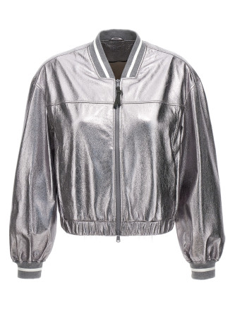 Laminated leather bomber jacket