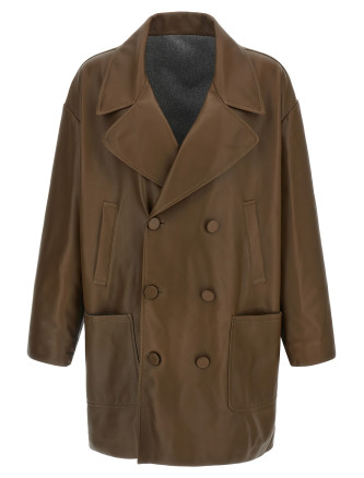 Double-breasted leather coat