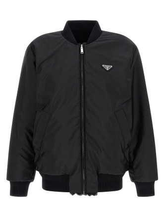 Eco-fur and Re-Nylon reversible bomber jacket #