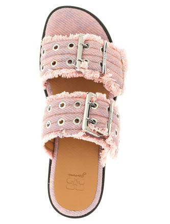 'Feminine Buckle Fringed Denim' sandals #