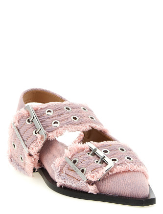 'Feminine Buckle Fringed Denim' slingback #