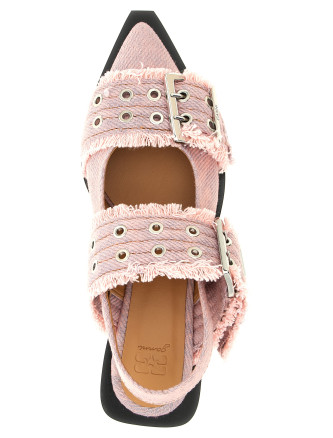 'Feminine Buckle Fringed Denim' slingback #