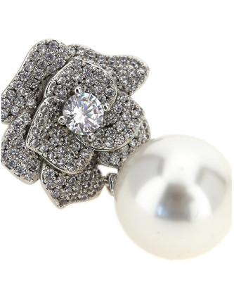 Серьги SELF PORTRAIT 'Mini Crystal Flower Pearl' (PF26612ESLSILVER) #