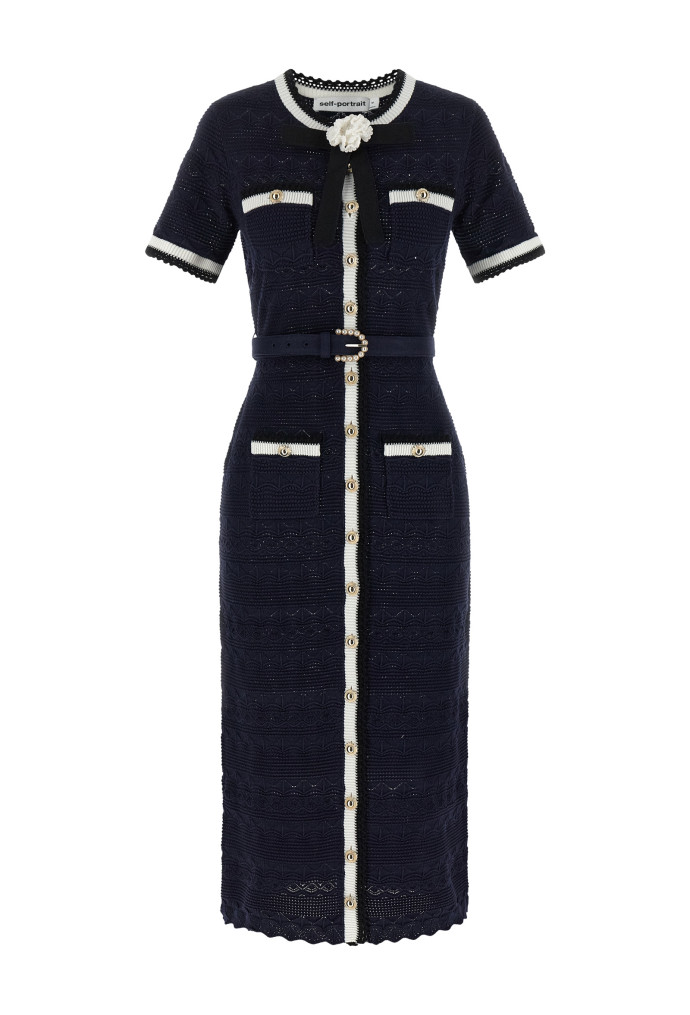 Миди SELF PORTRAIT 'Navy Pointelle Knit Midi'