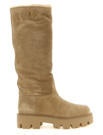 Сапоги PRADA High suede boots with logo