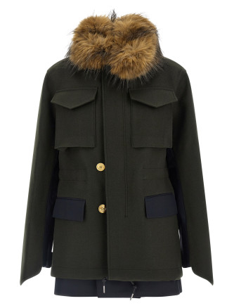 Куртка SACAI Wool coat with fur insert