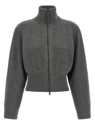 Кардиган BRUNELLO CUCINELLI Ribbed cardigan with leather detail