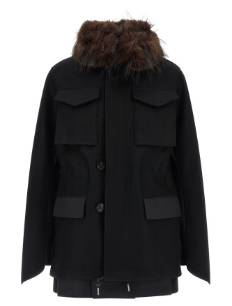 Верхняя одежда SACAI Wool coat with fur insert