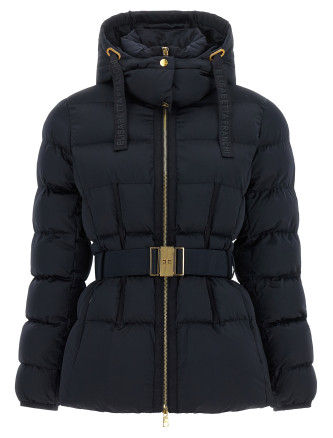 Belted down jacket with logo buckle