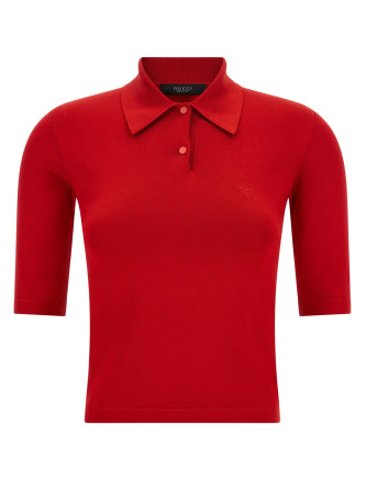 Red silk knit polo shirt
